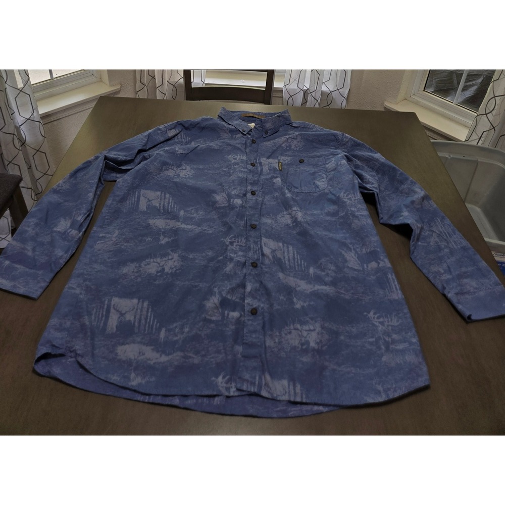 Columbia River Lodge Mens XXL Blue Deer Forest Print Button Down Shirt Hunting